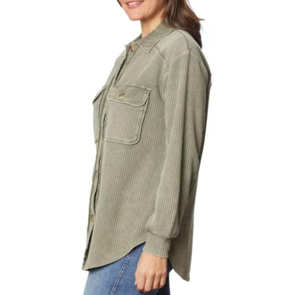 NWT Briggs Women's Relaxed Fit Button Long Sleeve Waffle Shirt Green - Picture 2 of 13